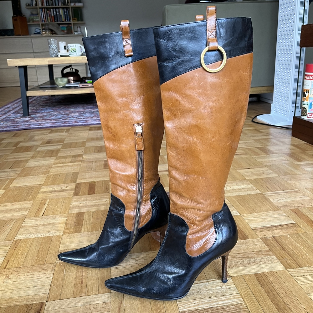 Black and Tan Leather Knee-High Boots - Picture 1 of 8